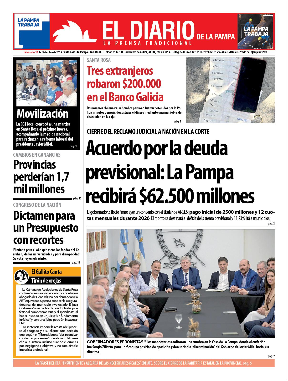 Tapa de El Diario en papel  mieacutercoles 17 de diciembre de 2025